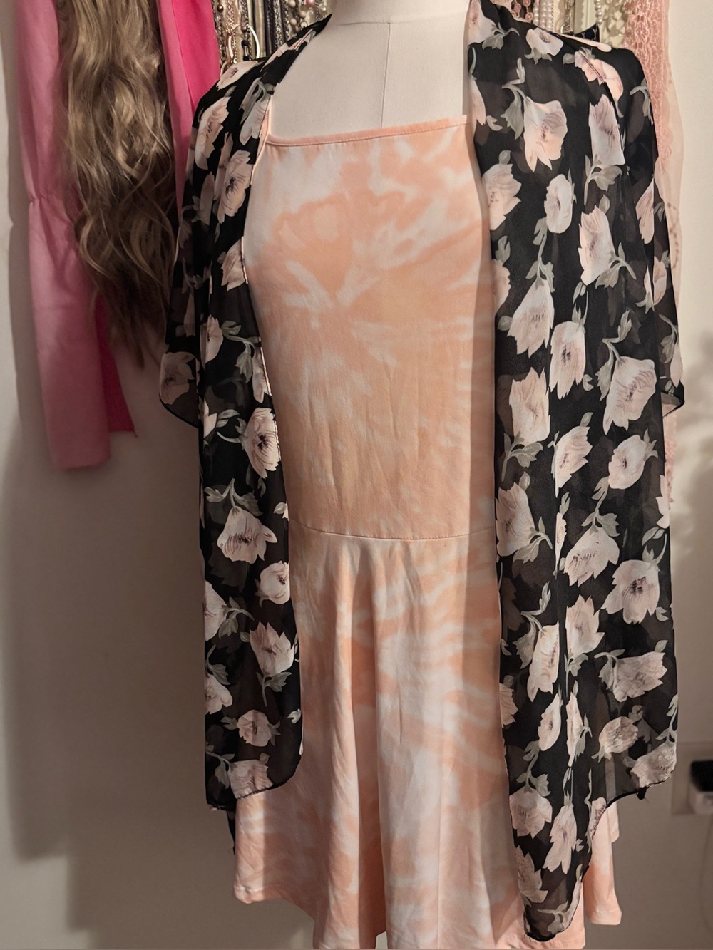 Ardene Matching 2pc Set Tie Dye Skater Dress XL & Floral Kimono Cardigan OS